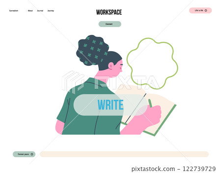Writing people, modern flat vector concept illustration- sitting woman thoughtfully writing on notebook, bubble near head Metaphor for reflection, personal insight, contemplation, creative expression 122739729