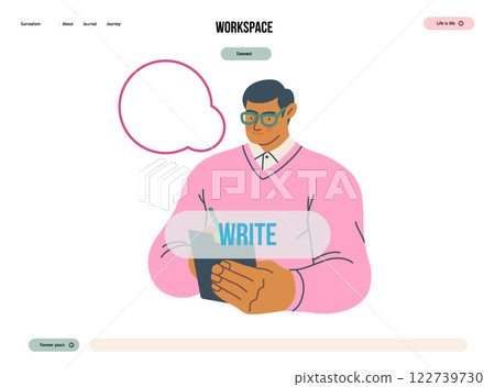 Writing people, modern flat vector concept illustration- standing man thoughtfully writing on clipboard, bubble near head Metaphor for reflection, personal insight, contemplation, creative expression 122739730