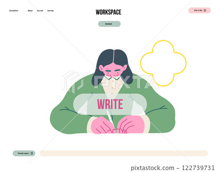 Writing people, modern flat vector concept illustration- sitting woman thoughtfully writing on paper, bubble near head Metaphor for reflection, personal insight, contemplation, creative expression 122739731