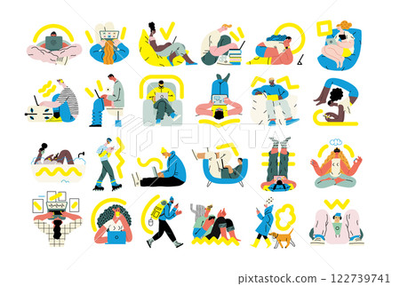 Creative workspace, modern flat vector concept illustration of a person working with a computer Remote work, flexibility, independence, efficiency, mobility, synergy, freedom 122739741