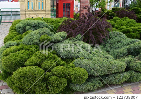 Kharkov, Ukraine, 14 May 2024. Landscape design with trimmed shrubs of different shapes and colors. British Landmark Garden Kharkov, Ukraine, 14 May 2024. Landscape design with trimmed shrubs of different shapes and colors. British Landmark Garden 122739807