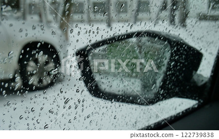 Drops of melted ice on the glass and mirror of a car at the open air winter parking  122739838