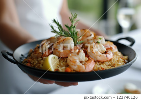 National Spanish Paella Day: rice dish, shrimp delicacy, vegetable medley, pan-cooked flavors, culinary heritage, traditional cuisine, seafood harmony, saffron aroma, Mediterranean roots 122740126