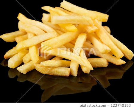 Golden Crispy French Fries on reflective Black Background 122740193