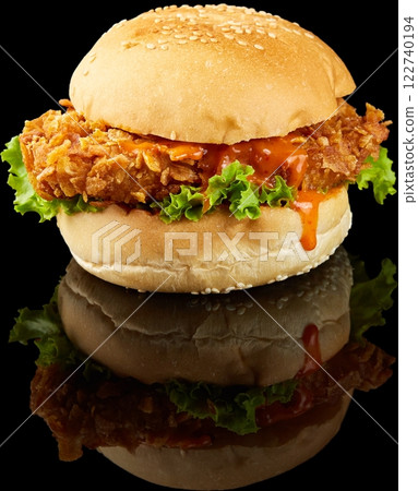 Mouth-Watering Crispy Chicken Burger with Fresh Garnish 122740194