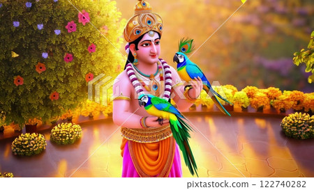 God Krishna holding colorful parrots in a beautiful garden 122740282