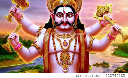 Powerful deity holding weapons in a serene landscape 122740285