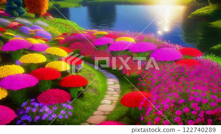 Vibrant garden by the lake with colorful flowerbeds and winding path 122740289