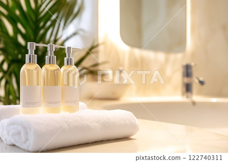 AI-generated images of beauty bottles, including shampoo, treatment, and serum 122740311