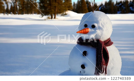 Snowman standing in a snowy landscape 122740389
