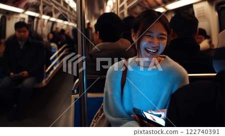 Young woman laughing while using phone on subway Young woman laughing while using phone on subway 122740391
