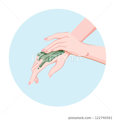 Blue cosmetic clay application for hand skin care. A cosmetic beauty treatment for the fingernails and hands. Spa routine icon for infographics, presentations, web design, poster, banner. Modern flat 122740561