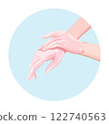 Application of a paraffin mask on female hands. Spa skincare wellness routine icon for infographics, presentations, web design, poster, banner. Modern flat style. Vector colorful illustration. 122740563