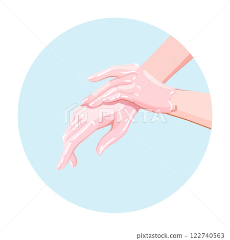 Application of a paraffin mask on female hands. Spa skincare wellness routine icon for infographics, presentations, web design, poster, banner. Modern flat style. Vector colorful illustration. 122740563