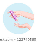 Application of cosmetic cream on the female hands skin from tube. Spa skincare wellness procedure icon for infographics, presentations, web design, poster, banner. Modern flat style. Vector colorful 122740565