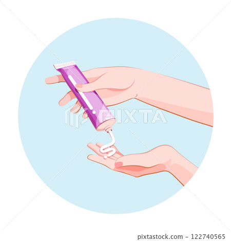 Application of cosmetic cream on the female hands skin from tube. Spa skincare wellness procedure icon for infographics, presentations, web design, poster, banner. Modern flat style. Vector colorful Application of cosmetic cream on the female hands skin from tube. Spa skincare wellness procedure icon for infographics, presentations, web design, poster, banner. Modern flat style. Vector colorful 122740565