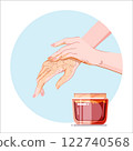Hand scrub application procedure. Skincare product for beauty routine. Professional spa treatment icon for infographics, presentations, web design, poster, banner. Modern flat style. Vector colorful 122740568