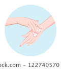Applying cosmetic cream on woman hands skin with massage motions. Spa skincare wellness procedure icon for infographics, presentations, web design, poster, banner. Modern flat style. Vector colorful 122740570
