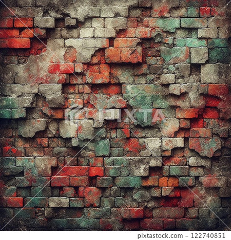 Textured brick wall with a mix of red green and gray colors creating a weathered and dynamic surface 122740851