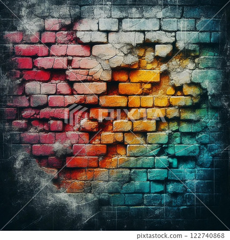 Textured brick wall with a mix of red green and gray colors creating a weathered and dynamic surface 122740868