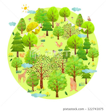 Scandinavian wood texture and cute animals on white background illustration material Environmental protection and animal protection illustration 122741075