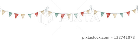 Watercolor Garland border with colorful bunting flags in red, green, and golden tones. Illustration of seamless Pattern for circus or carnival designs. Art of bunting for childish festive decorations. 122741078