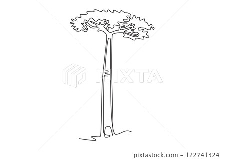 Single continuous line drawing giant baobab tree for wall decor poster. Gigantic plant concept for national park. Tourism and travel vacation concept. One line draw graphic design vector illustration 122741324