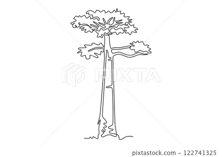 Single continuous line drawing big baobab tree logo. Decorative adansonia digitata plant for home wall decor art poster print. Travel vacation concept. One line draw graphic design vector illustration 122741325