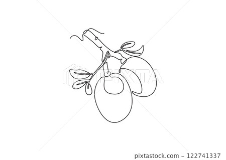 Single one line drawing whole fresh marula fruit for home decor wall art poster print. Decorative sclerocarya birrea plant garden logo. Modern continuous line draw design graphic vector illustration 122741337