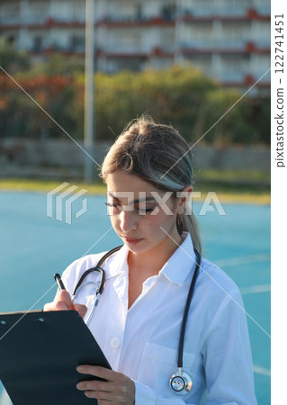 Female Doctor Organizing Her Work For The Day  122741451