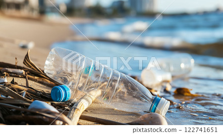 Macro shot of plastic trash on a polluted beach 122741651