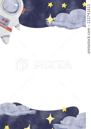 Watercolor Illustration Vertical Frame Space Theme with Astronaut in Spacesuit, Clouds, Sky and Stars, Template for Use in Postcard Printing, Web and Textile Design 122741813