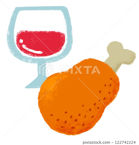 Crayon-touch illustration: Red wine and meat on the bone 122742224