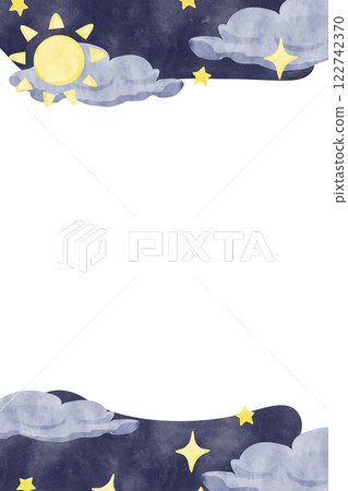 Watercolor Illustration Vertical Frame Space Theme with Sun, Clouds, Sky and Stars, Template for Use in Postcard Printing, Web and Textile Design Watercolor Illustration Vertical Frame Space Theme with Sun, Clouds, Sky and Stars, Template for Use in Postcard Printing, Web and Textile Design 122742370