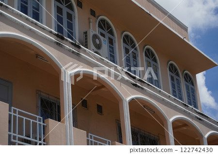 Detailed view of windows, doors and balconies of city buildings  122742430