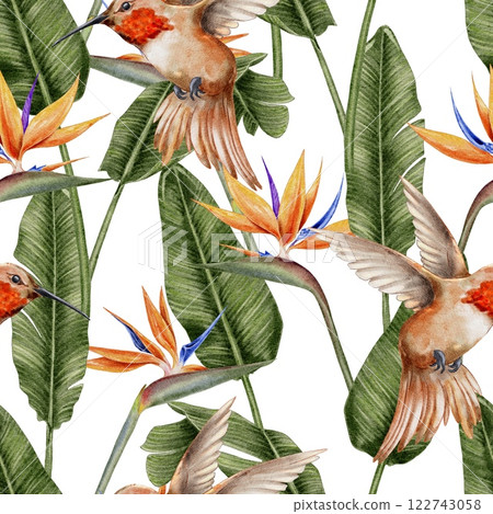 Hummingbird, strelitzia, and tropical leaves palm seamless pattern hand drawn on white. Watercolor illustration for textile, fabric, wallpaper, card, packaging, party. 122743058