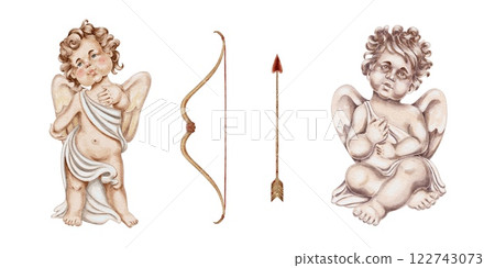 Cupid, angel stands and sit, bow and arrow on white. For Wedding Cards, Valentine's Day, Birthday, Holidays, Invitations.  122743073