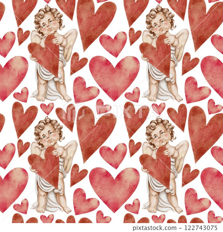 Cupid, big red heart in his hands and man hearts behin him vintage love seamless pattern on white. For Wedding Cards, Valentine's Day, Birthday, Holidays, Invitations, packaging, wallpaper. 122743075