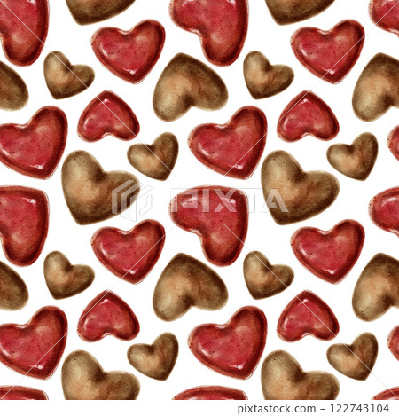Red and chocolates candies hearts seamless pattern on white. Watercolor illustration for packaging, cards, invitations, holidays Spring, birthday, Valentine's Day, wedding or Mother's Day. Red and chocolates candies hearts seamless pattern on white. Watercolor illustration for packaging, cards, invitations, holidays Spring, birthday, Valentine's Day, wedding or Mother's Day. 122743104
