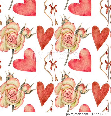 Red and pink hearts, roses, bow and arrow with little bow seamless pattern on white. For fabric, textiles, packaging and cards for Valentine's Day, Women's Day and Mother's Day. 122743106
