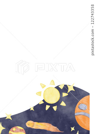 Watercolor Illustration Vertical Frame Space Theme with Sun, Moon, Planets, Stars, Comet, Template for Use in Postcard Printing, Web and Textile Design 122743358