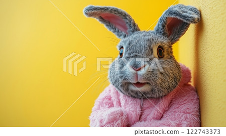 Close-up of an anthropomorphic gray rabbit wearing in pink robe against a vibrant yellow background 122743373