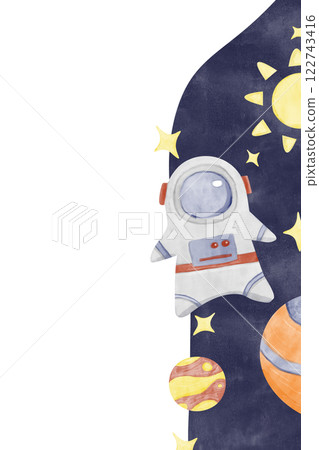 Watercolor Illustration Vertical Frame Space Theme with Astronaut, Planets, Stars, Comet, Template for Use in Postcard Printing, Web and Textile Design 122743416