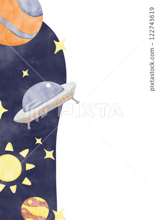 Watercolor Illustration Vertical Frame Space Theme with UFO, Planets, Stars, Comet, Template for Use in Postcard Printing, Web and Textile Design 122743619