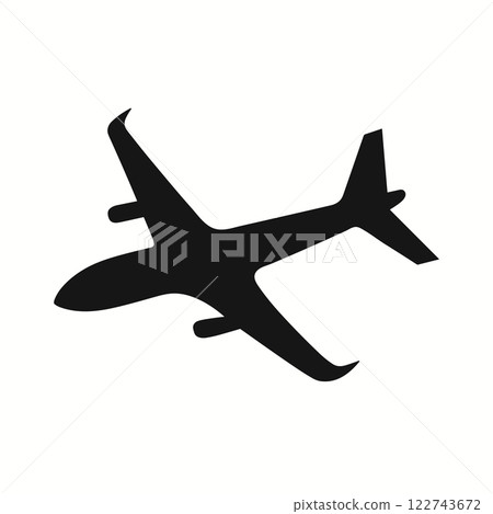 Black silhouette of flying airplane on white background. Aircraft icon. Passenger air transportation symbol. Vector illustration 122743672