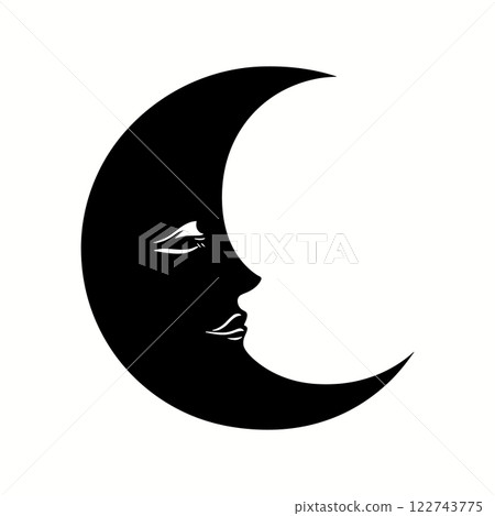 Black crescent face icon isolated on white background. Silhouette moon with woman face. Esoteric logo vector design, boho chic print 122743775