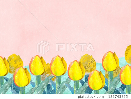 Spring image illustration with yellow tulips and pink background 122743855