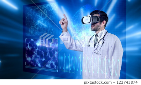 Smart medical worker checking at brain hologram by using VR headset. Apparatus. Smart medical worker checking at brain hologram by using VR headset. Apparatus. 122743874