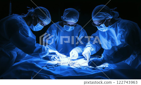 Doctor team performing operating on patient in operating room of surgical department at hospital. 122743963