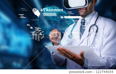 Medical Professional Using Virtual Reality Technology to Interact with AI Assistant and Enhance Healthcare Experience in Modern Clinic Environment. PHMT Medical Professional Using Virtual Reality Technology to Interact with AI Assistant and Enhance Healthcare Experience in Modern Clinic Environment. PHMT 122744034